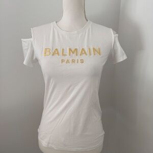 BALMAIN Paris Gold Puffy Printed Logo Short Sleeve Tee Shirt Summer Designer Top